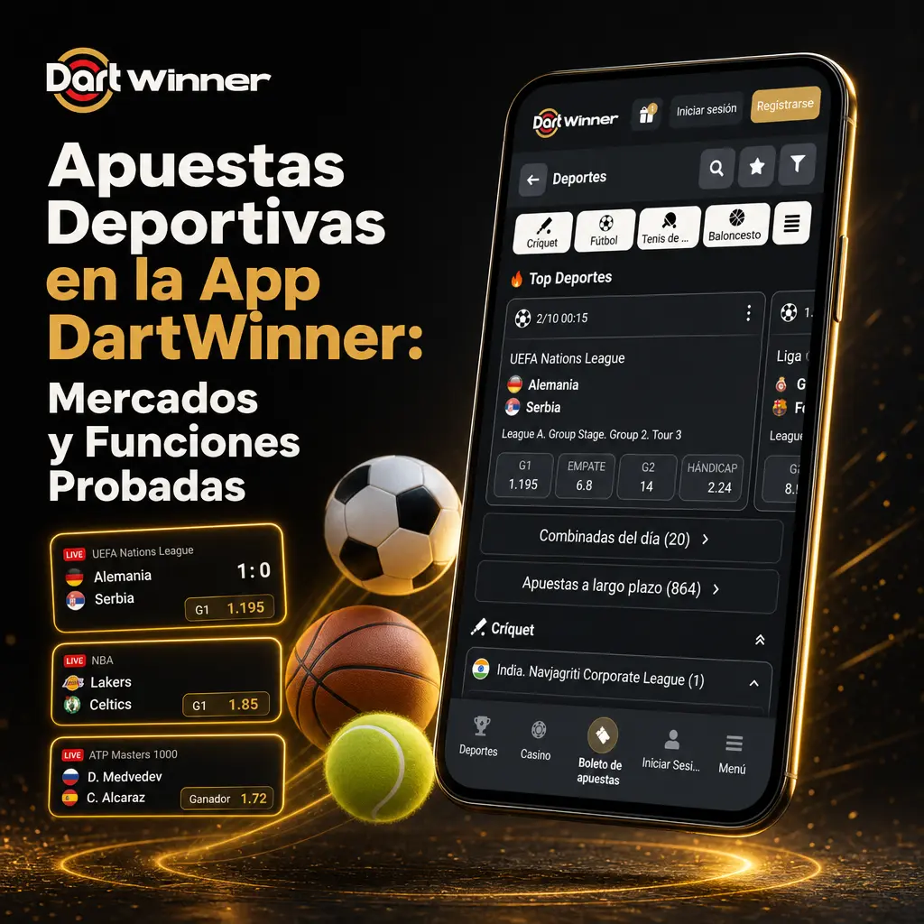 Captura de la app DartWinner mostrando mercados de apuestas deportivas en vivo y prepartido con cupón de apuesta activo.