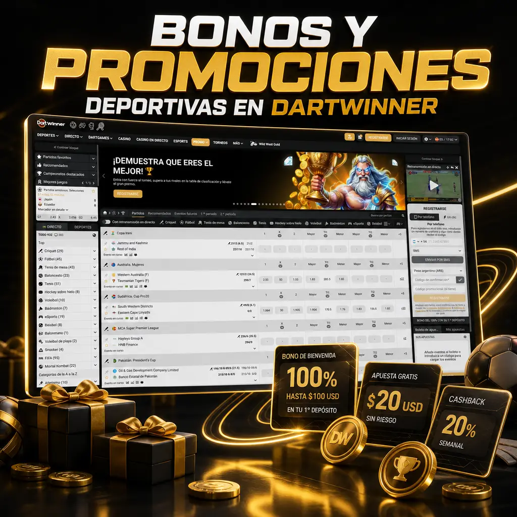 Bonos y promociones deportivas de DartWinner: bienvenida, recarga semanal, cashback, apuestas gratis y referidos.