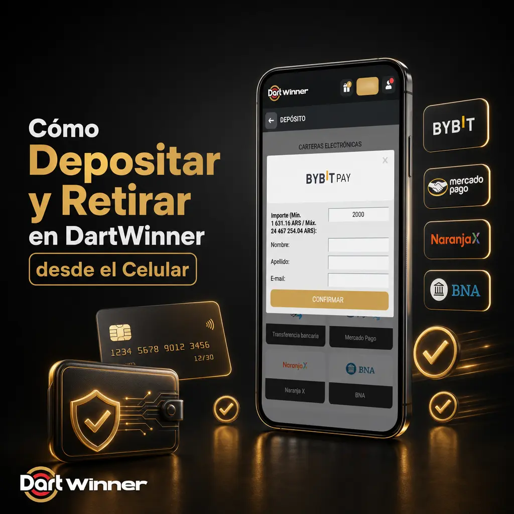 Pasos para depositar y retirar dinero en DartWinner desde el celular de forma rápida y segura con cifrado SSL.