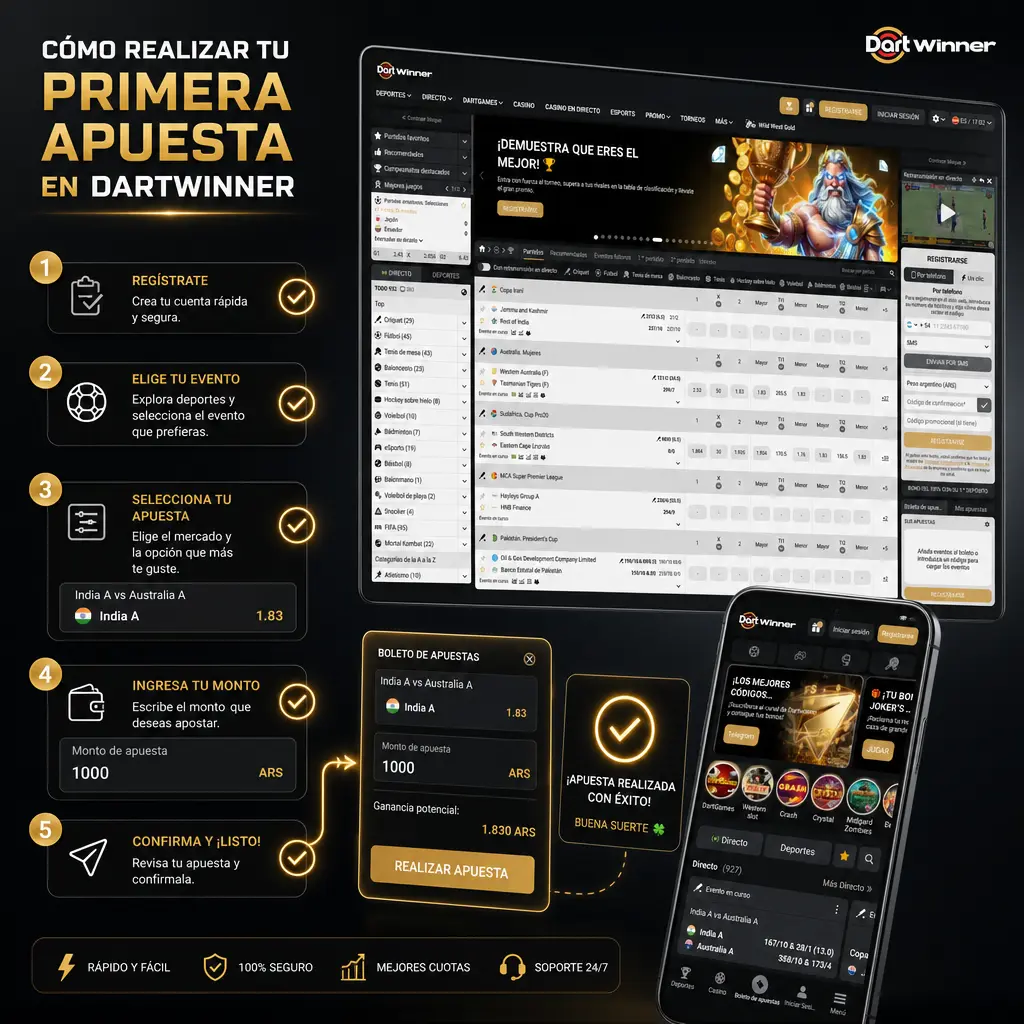 Guía paso a paso para registrarte, cargar saldo y realizar tu primera apuesta deportiva en DartWinner.