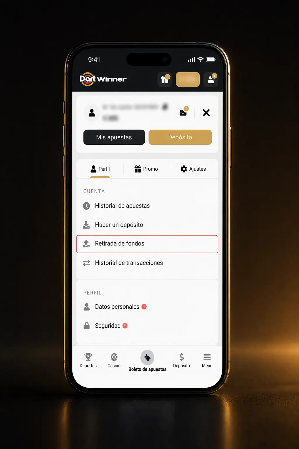 Captura de pantalla del panel de usuario de DartWinner mostrando los pasos para retirar dinero en la sección Cajero.