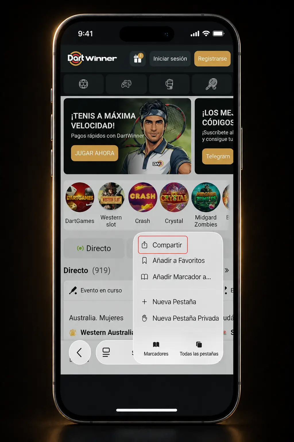Pasos para instalar DartWinner en iOS mediante Safari, creando un acceso directo en la pantalla de inicio del iPhone.