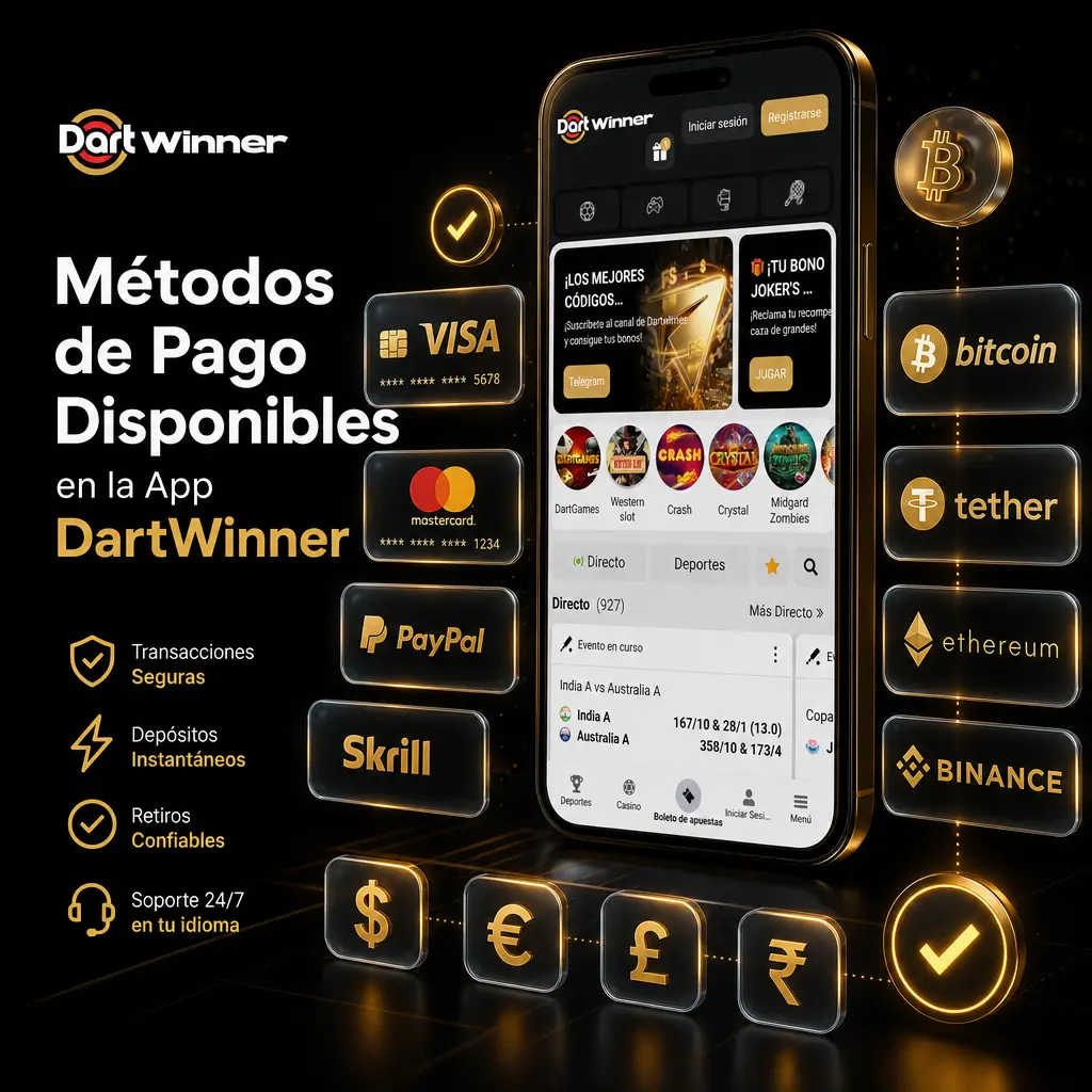 Métodos de pago en la app DartWinner: tarjetas, transferencias CBU, Mercado Pago y criptomonedas como Bitcoin y USDT
