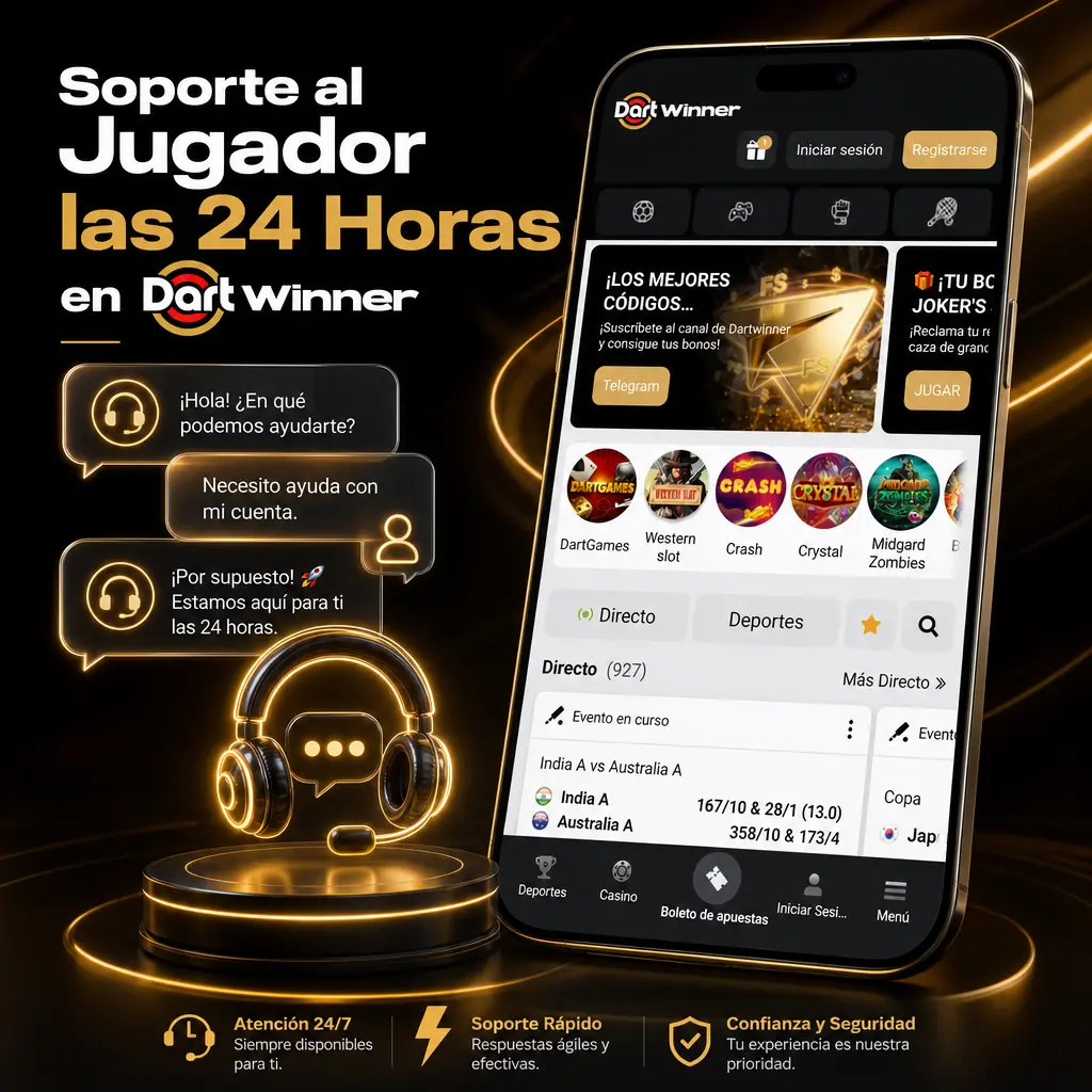 Soporte al jugador 24/7 en DartWinner: chat en vivo, email y WhatsApp con respuestas rápidas para todas tus consultas